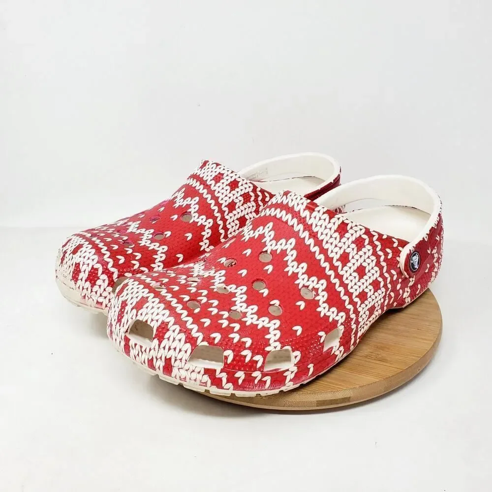 Crocs Holiday Clog Shoes Mens 12 Red White Knit‎ Ugly Christmas Sweater